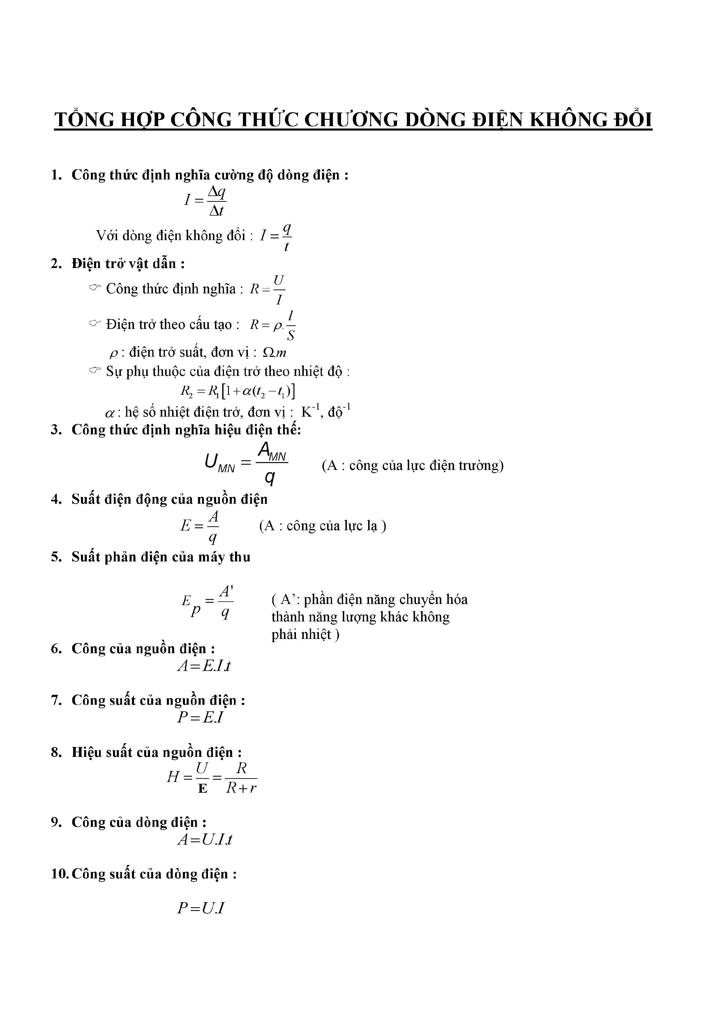 Công thức lý thuyết lớp 11 - công thức lý 11 chương 2 