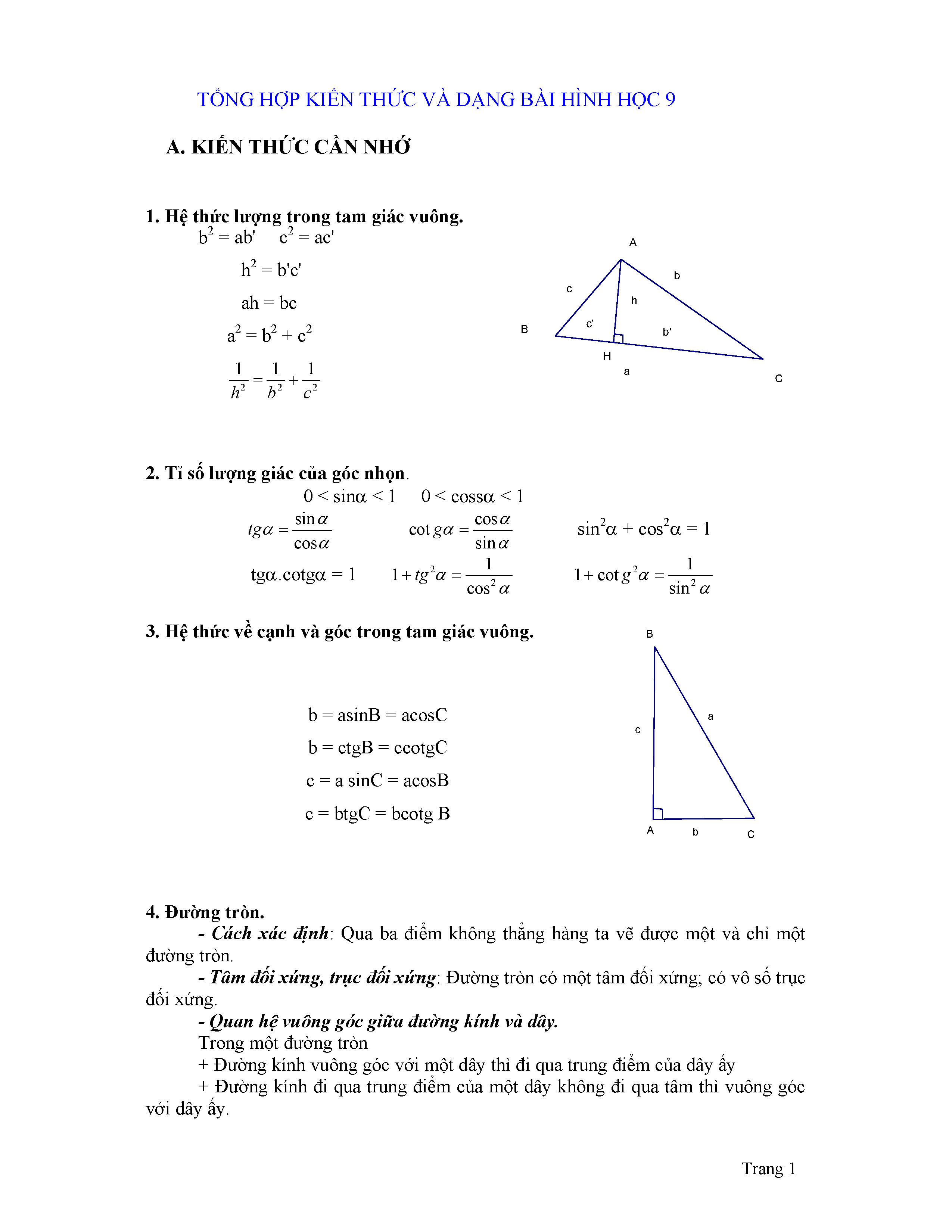 Tổng hợp các định lý hình học lớp 9 hoàn chỉnh và đầy đủ