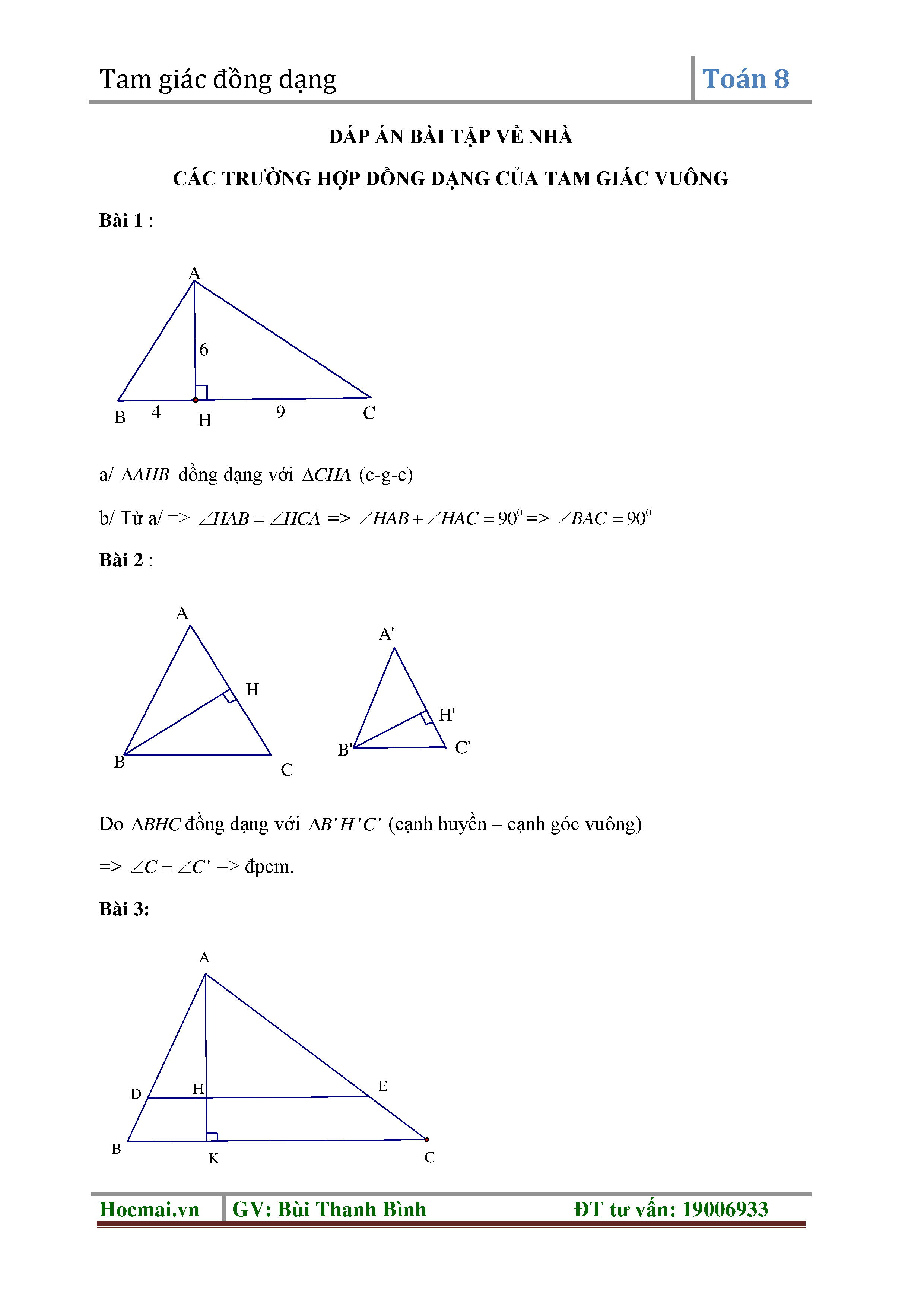 Trường hợp đồng dạng của tam giác vuông