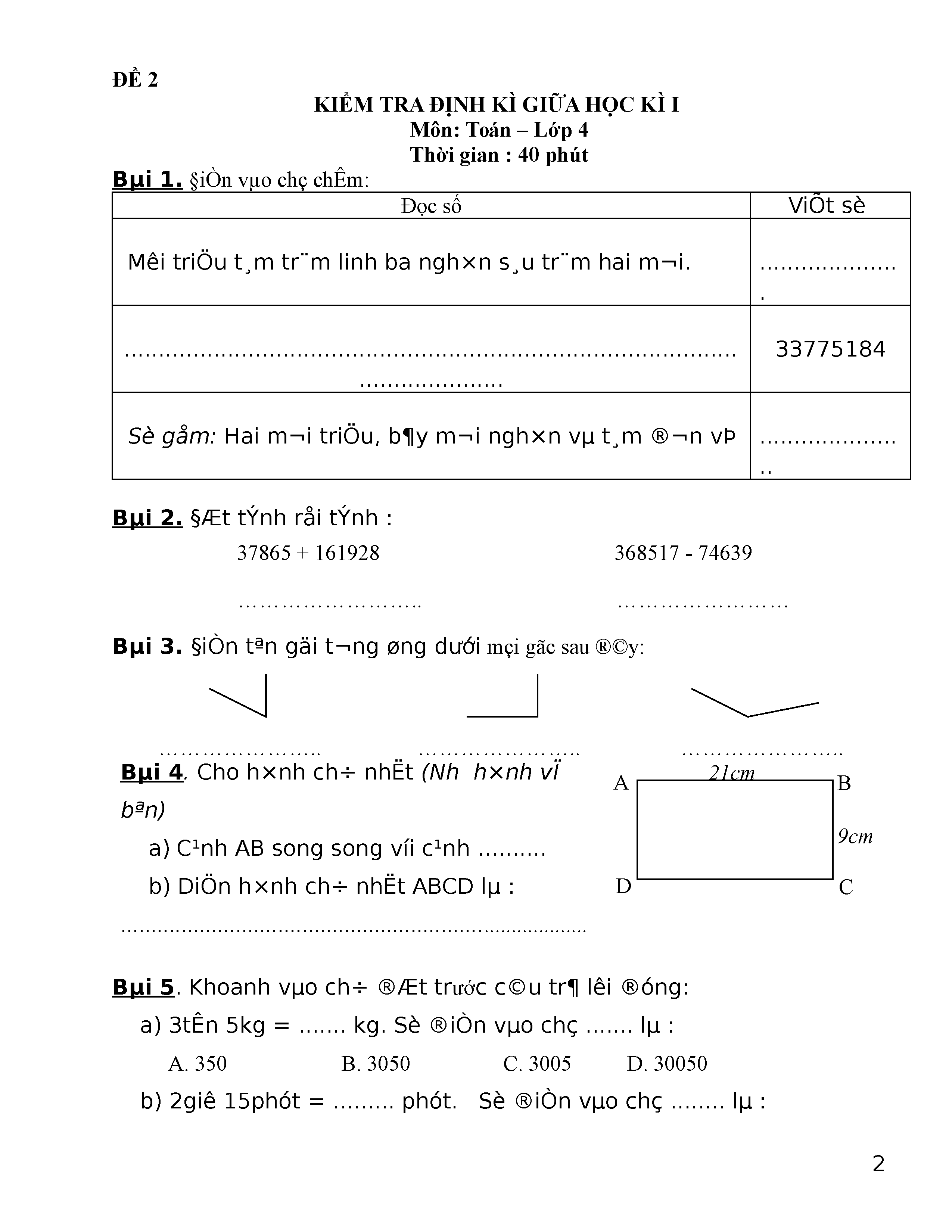 50 Đề Thi Giữa Học Kỳ 1 Toán Lớp 4